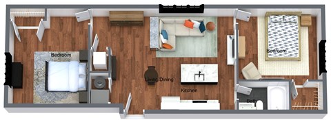 2 Bedroom 1 Bath - 3D
